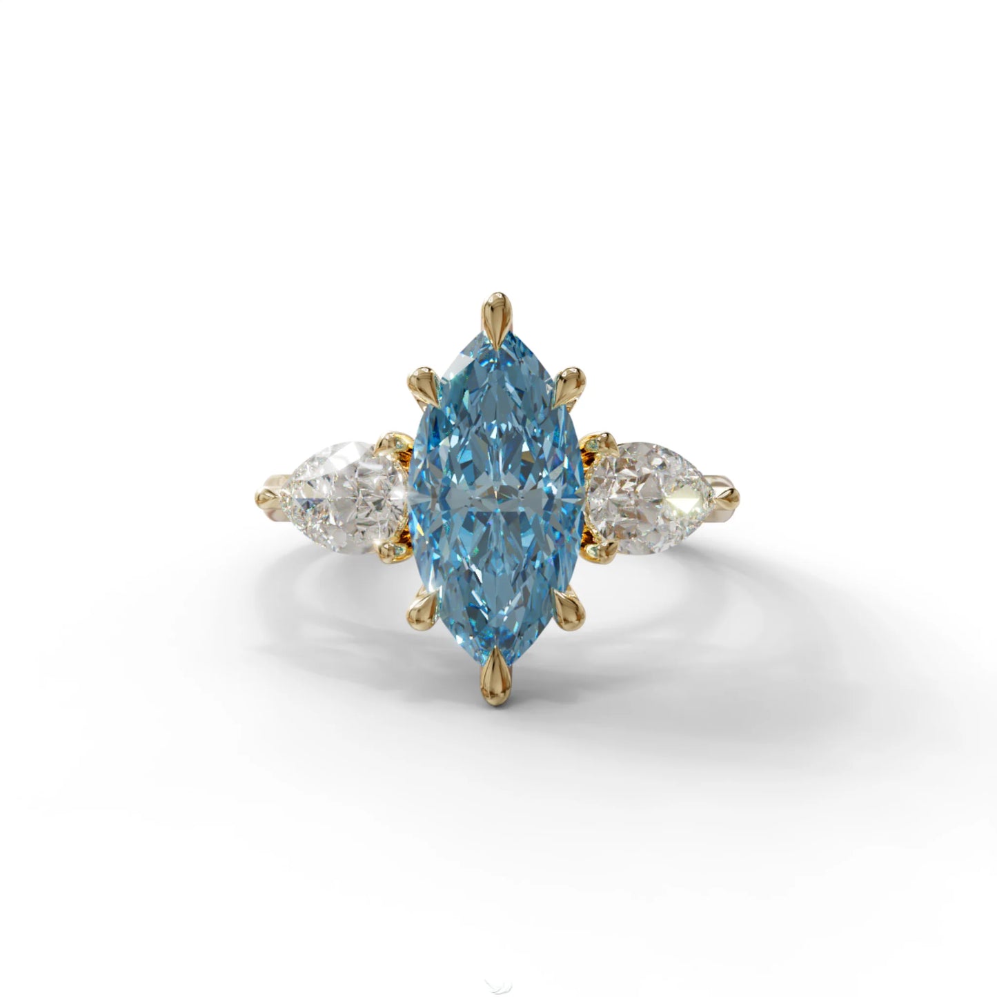 3 Carat Fancy Blue Marquise & Pear Cut Three Stone Lab Grown Diamond Engagement Ring - 10K Solid Gold / Yellow Gold