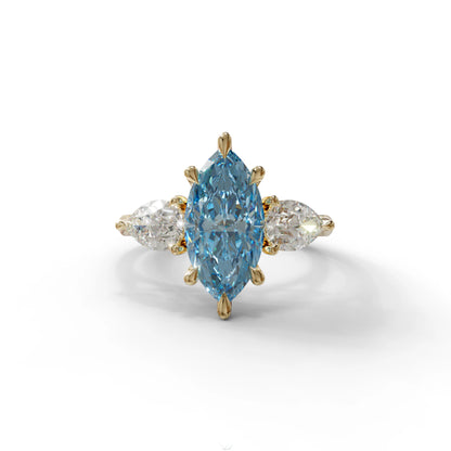 3 Carat Fancy Blue Marquise & Pear Cut Three Stone Lab Grown Diamond Engagement Ring - 10K Solid Gold / Yellow Gold