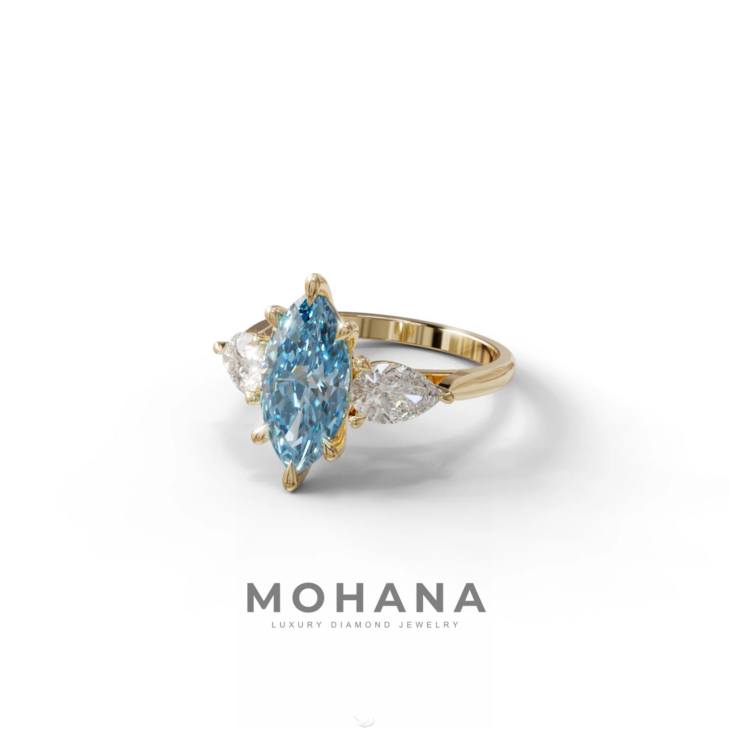 3 Carat Fancy Blue Marquise & Pear Cut Three Stone Lab Grown Diamond Engagement Ring