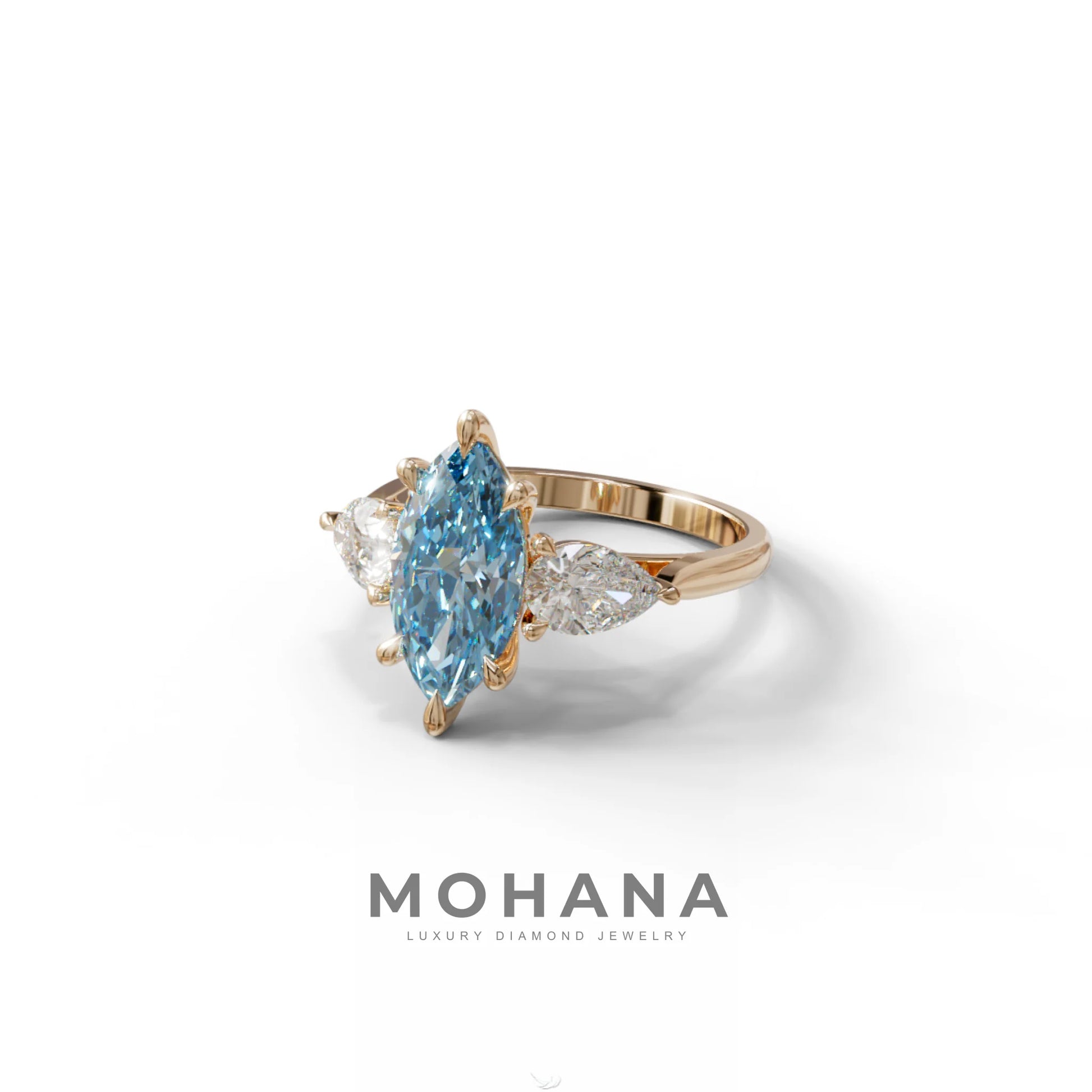 3 Carat Fancy Blue Marquise & Pear Cut Three Stone Lab Grown Diamond Engagement Ring