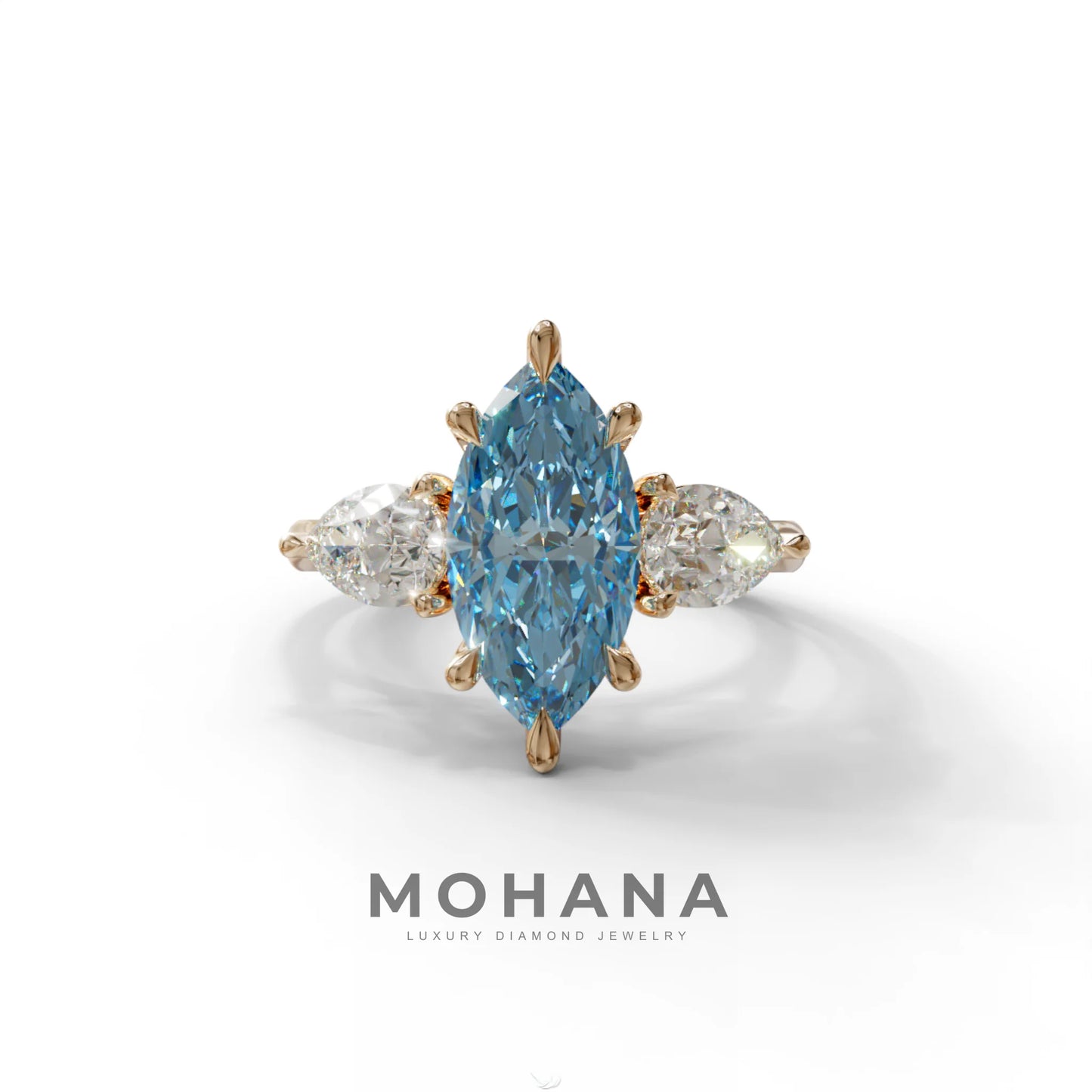 3 Carat Fancy Blue Marquise & Pear Cut Three Stone Lab Grown Diamond Engagement Ring - 10K Solid Gold / Rose Gold