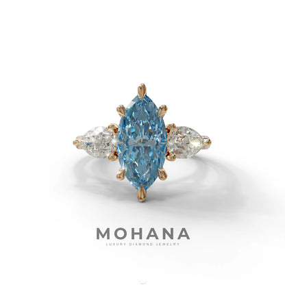 3 Carat Fancy Blue Marquise & Pear Cut Three Stone Lab Grown Diamond Engagement Ring - 10K Solid Gold / Rose Gold