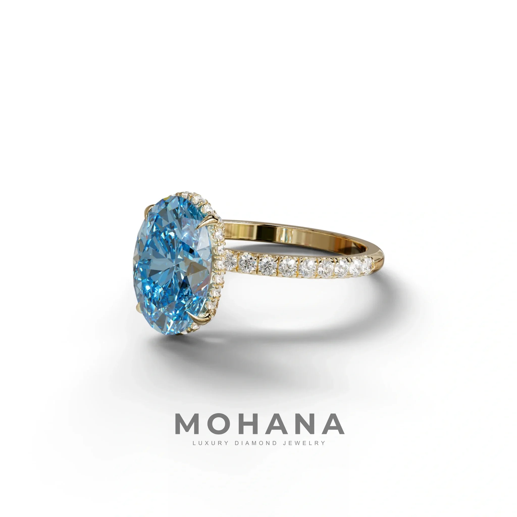 3 Carat Blue Oval Cut Hidden Halo & Pave Setting Lab Grown Diamond Ring