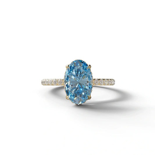 3 Carat Blue Oval Cut Hidden Halo & Pave Setting Lab Grown Diamond Ring - 10K Solid Gold / Yellow Gold