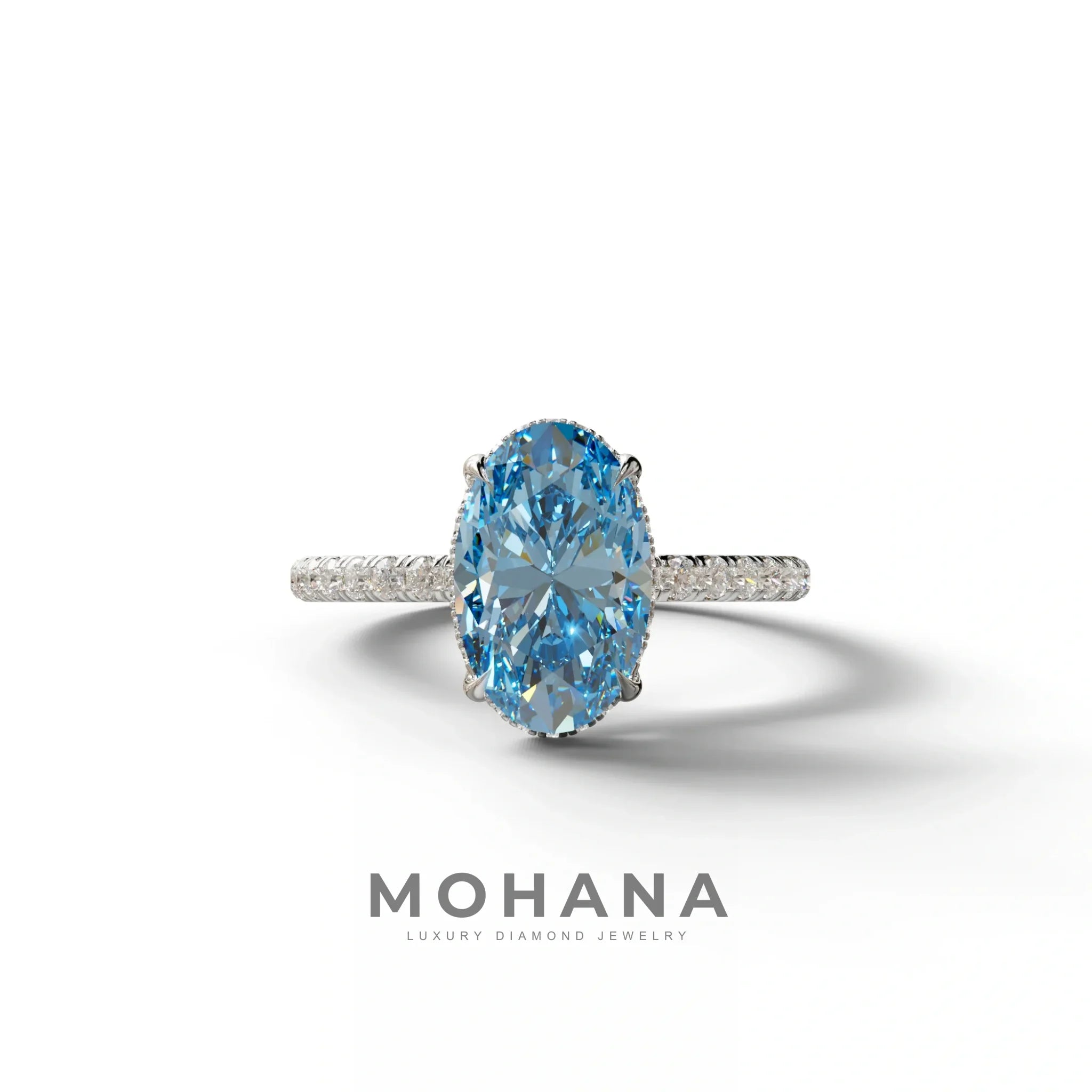3 Carat Blue Oval Cut Hidden Halo & Pave Setting Lab Grown Diamond Ring - 10K Solid Gold / White Gold