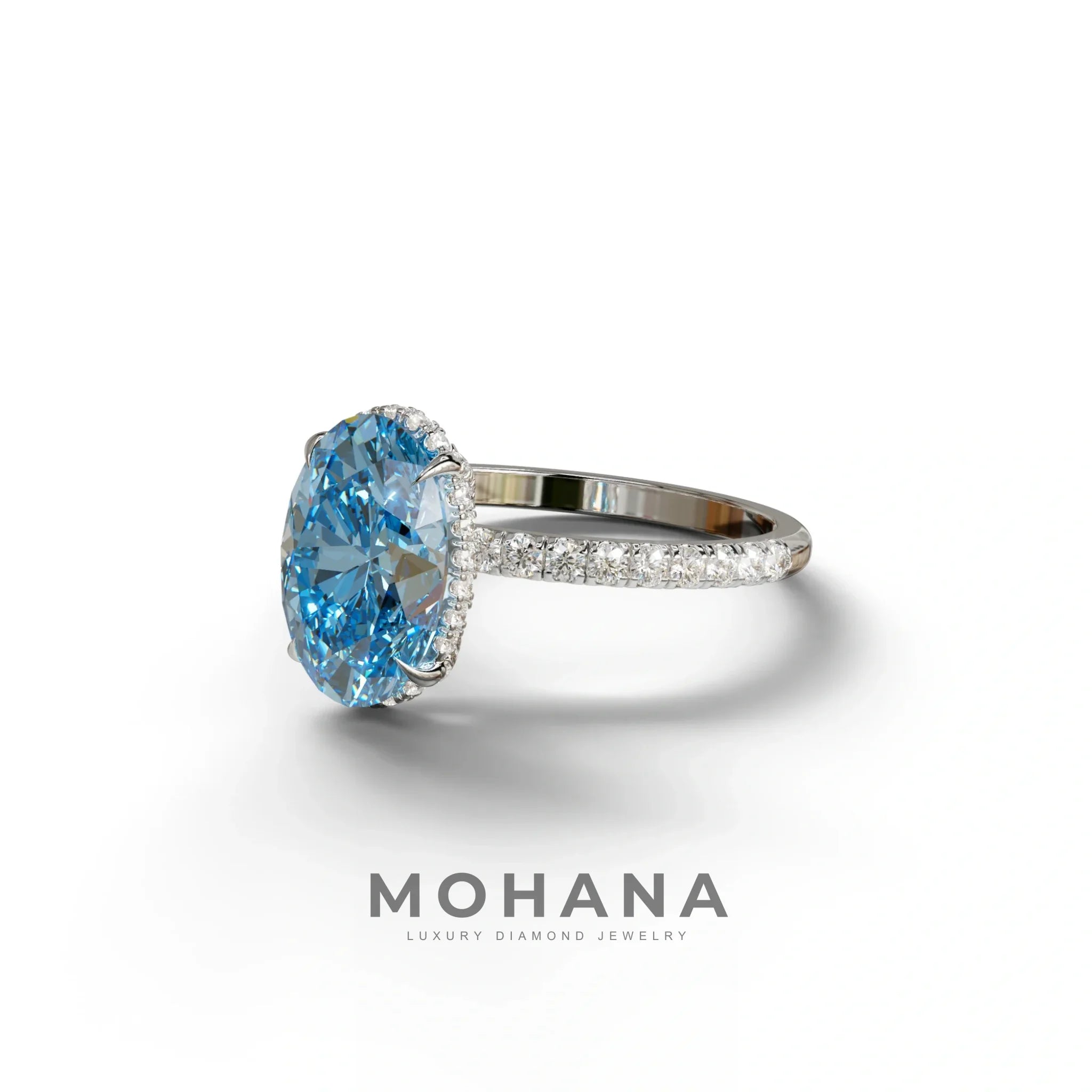 3 Carat Blue Oval Cut Hidden Halo & Pave Setting Lab Grown Diamond Ring