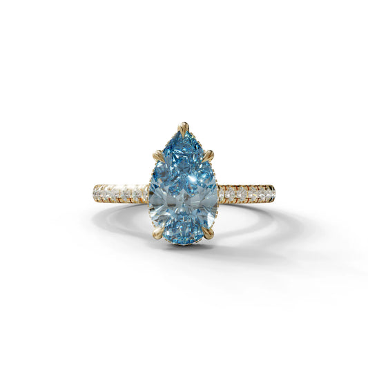 3 Carat Blue Pear Cut Hidden Halo & Pave Set Lab Diamond Ring - Eblouissant - 10K Solid Gold / Yellow Gold