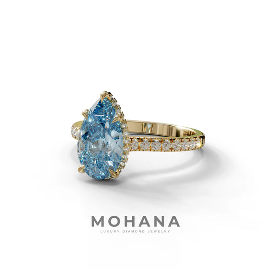 3 Carat Blue Pear Cut Hidden Halo & Pave Set Lab Diamond Ring - Eblouissant