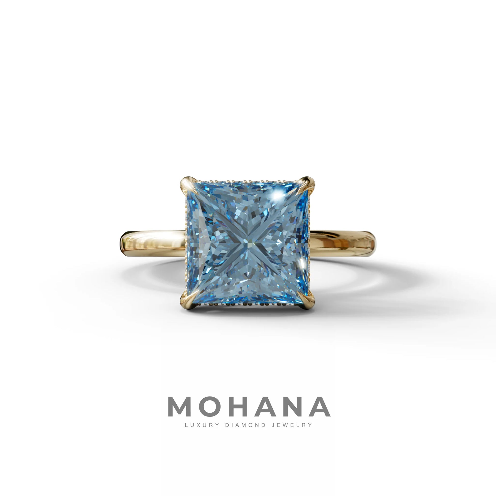 3 Carat Princess Cut Blue Lab Diamond Hidden Halo Engagement Ring - 10K Solid Gold / Yellow Gold