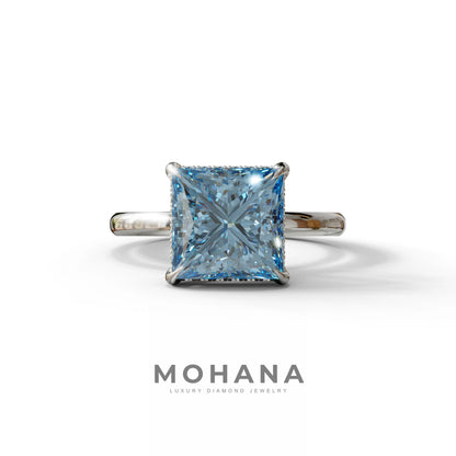 3 Carat Princess Cut Blue Lab Diamond Hidden Halo Engagement Ring - 10K Solid Gold / White Gold