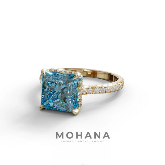 3 Carat Fancy Blue Princess Cut Hidden Halo Lab Grown Diamond Engagement Ring