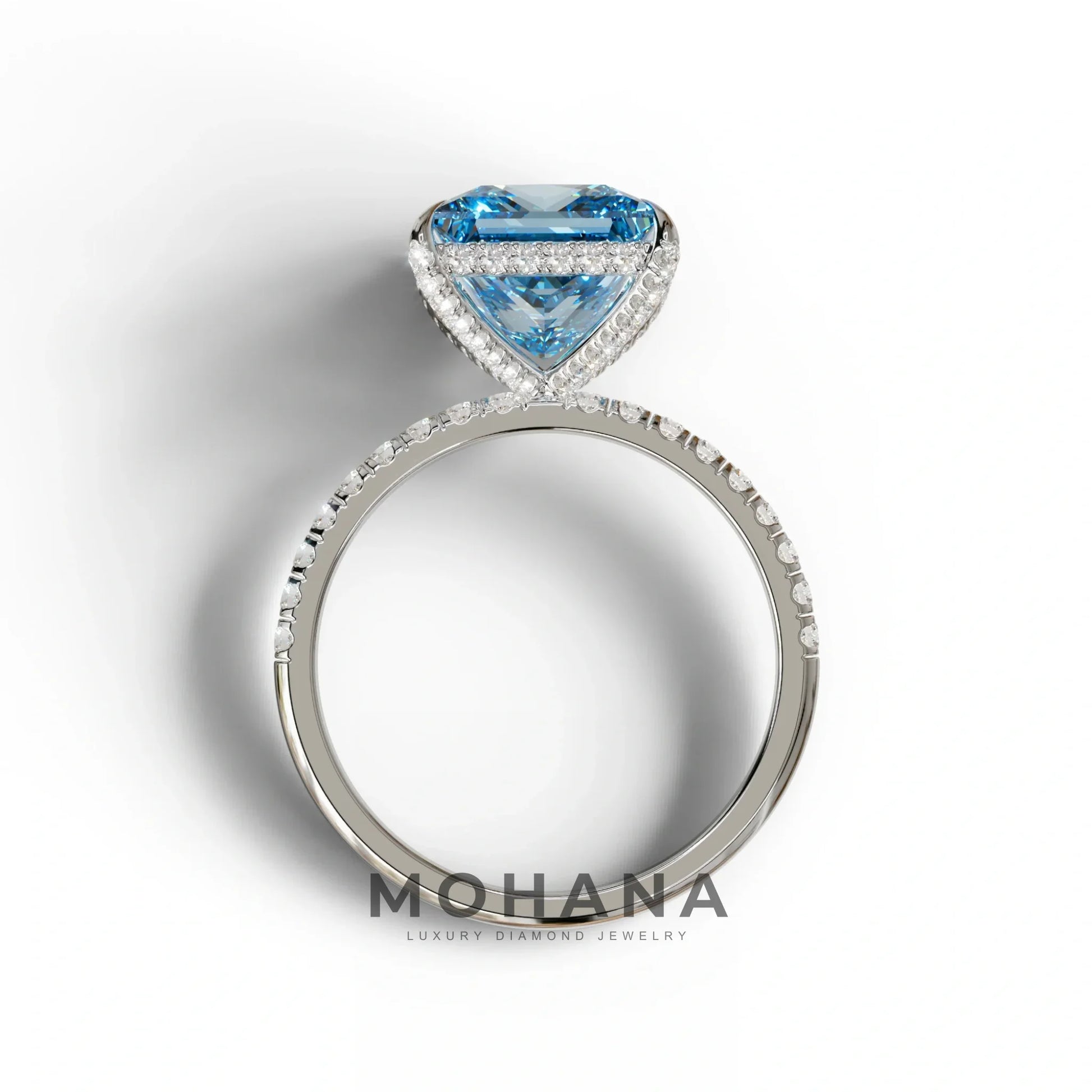 3 Carat Blue Princess Cut Hidden Halo & Pave Lab Diamond Ring