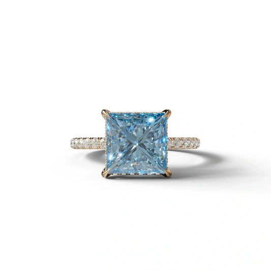3 Carat Blue Princess Cut Hidden Halo & Pave Lab Diamond Ring - 10K Solid Gold / Rose Gold