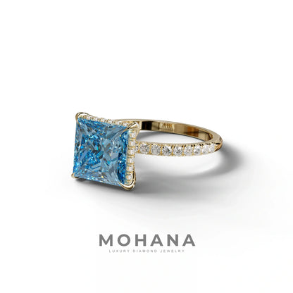 3 Carat Blue Princess Cut Hidden Halo & Pave Lab Diamond Ring