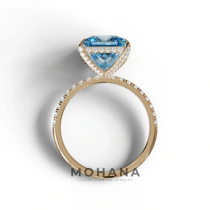 3 Carat Blue Princess Cut Hidden Halo & Pave Lab Diamond Ring