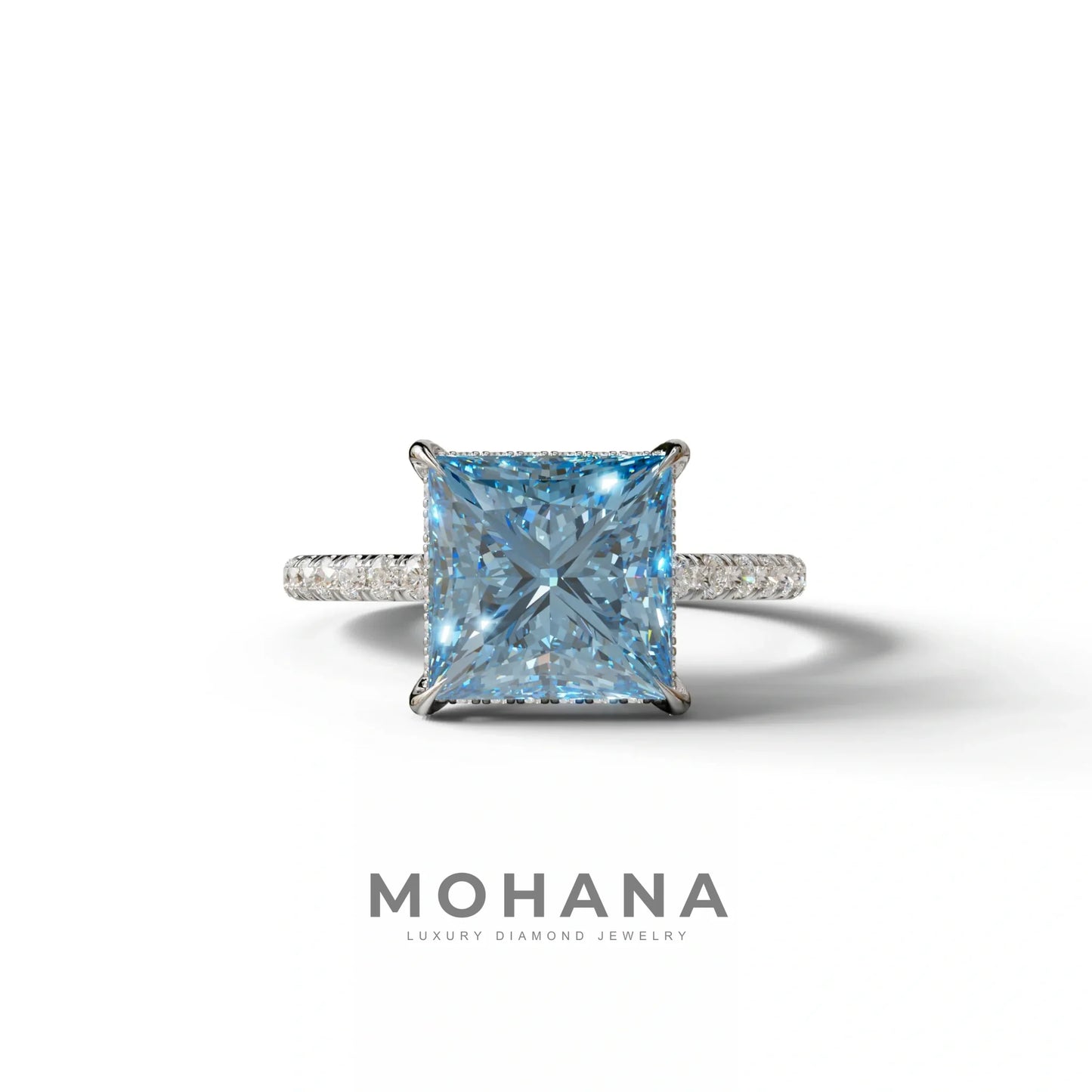 3 Carat Blue Princess Cut Hidden Halo & Pave Lab Diamond Ring - 10K Solid Gold / White Gold