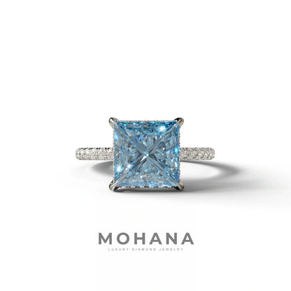 3 Carat Blue Princess Cut Hidden Halo & Pave Lab Diamond Ring - 10K Solid Gold / White Gold