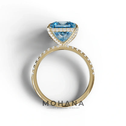 3 Carat Blue Princess Cut Hidden Halo & Pave Lab Diamond Ring