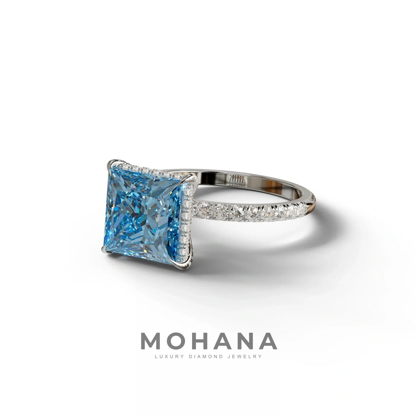 3 Carat Blue Princess Cut Hidden Halo & Pave Lab Diamond Ring