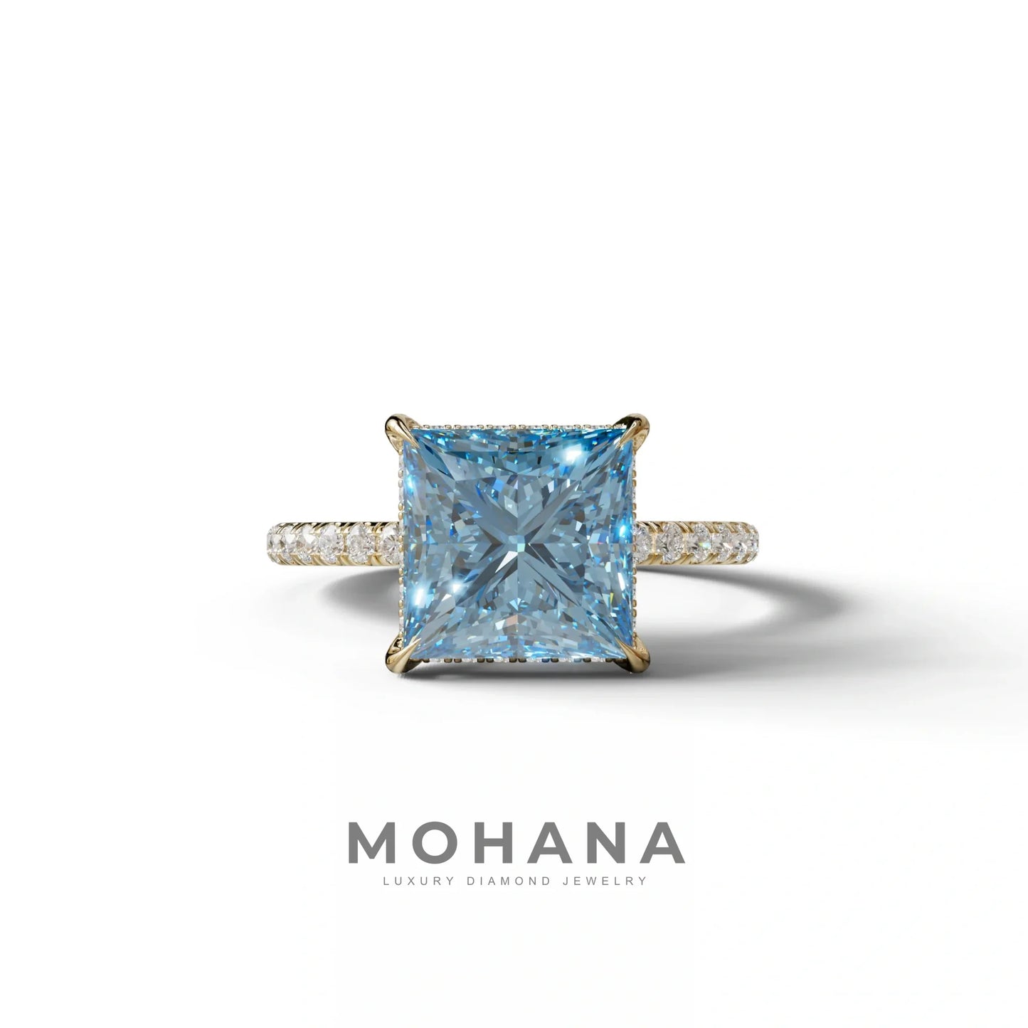 3 Carat Blue Princess Cut Hidden Halo & Pave Lab Diamond Ring - 10K Solid Gold / Yellow Gold