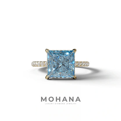 3 Carat Blue Princess Cut Hidden Halo & Pave Lab Diamond Ring - 10K Solid Gold / Yellow Gold