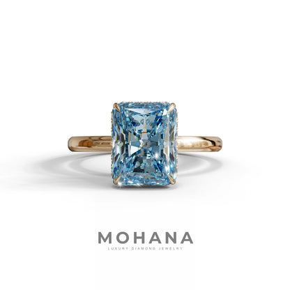 3 Carat Blue Radiant Cut Hidden Halo Lab Diamond Ring - 10K Solid Gold / Rose Gold
