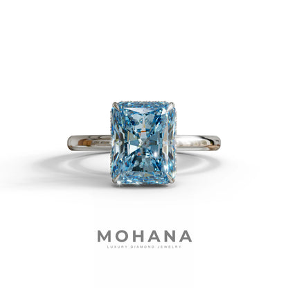 3 Carat Blue Radiant Cut Hidden Halo Lab Diamond Ring - 10K Solid Gold / White Gold