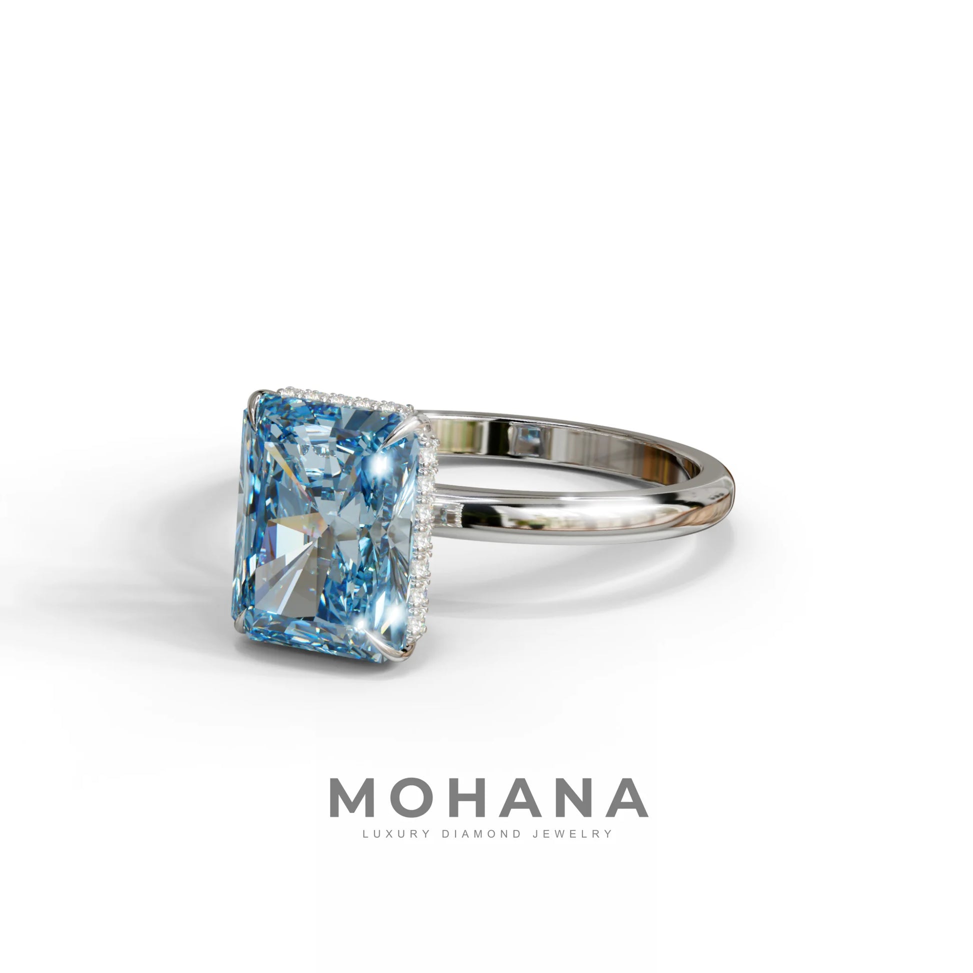3 Carat Blue Radiant Cut Hidden Halo Lab Diamond Ring