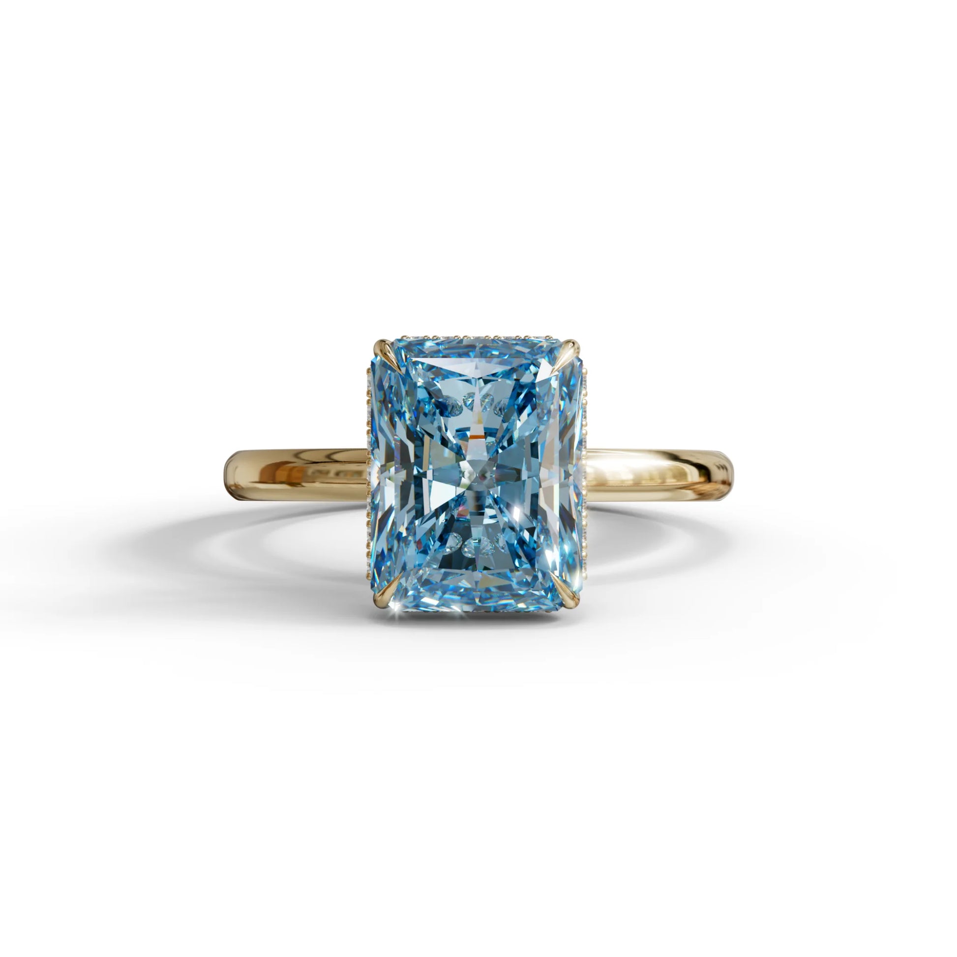 3 Carat Blue Radiant Cut Hidden Halo Lab Diamond Ring - 10K Solid Gold / Yellow Gold