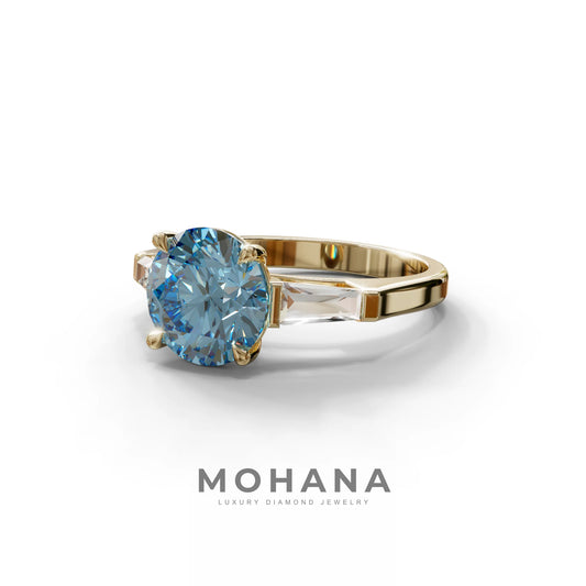3 Carat Blue Round & Tapered Cut Multi Stone Lab Diamond Ring - Reflection