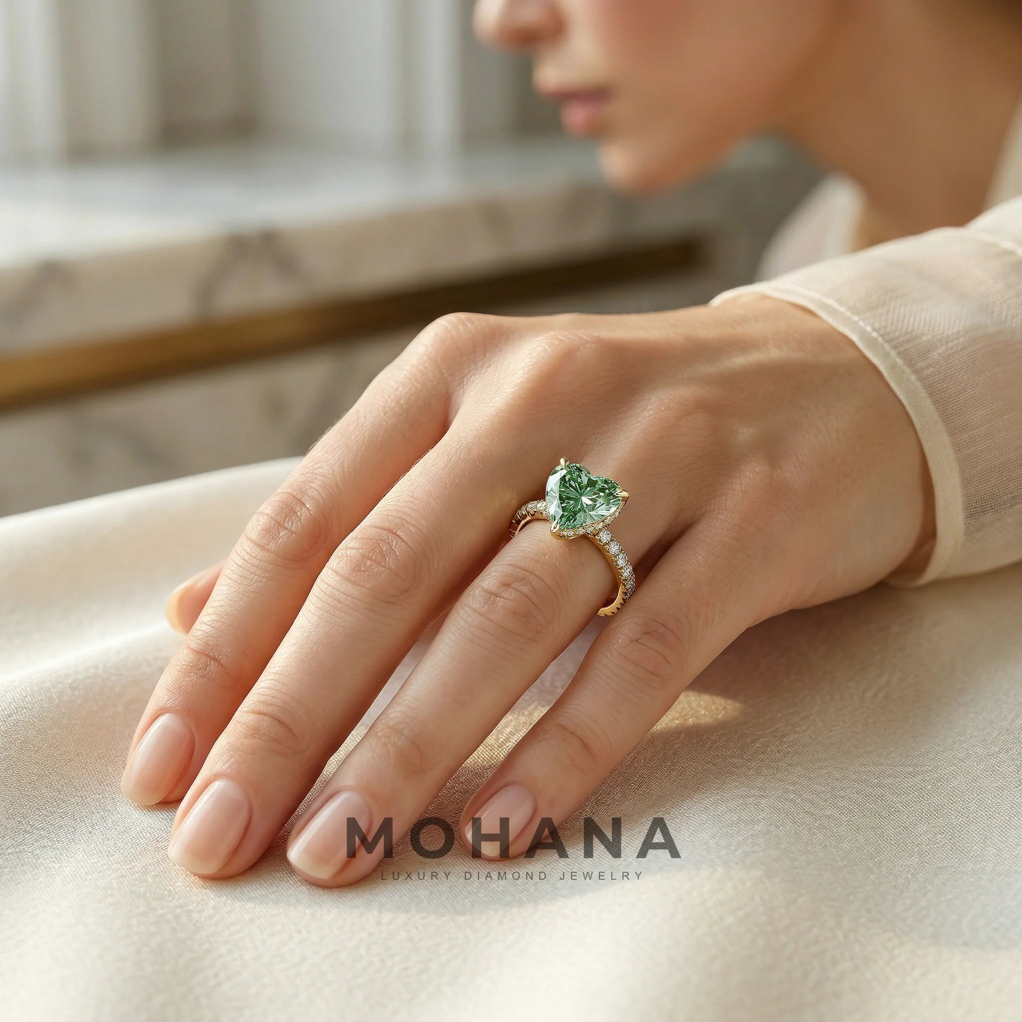 3 Carat Fancy Green Heart Cut Hidden Halo Lab Grown Diamond Engagement Ring