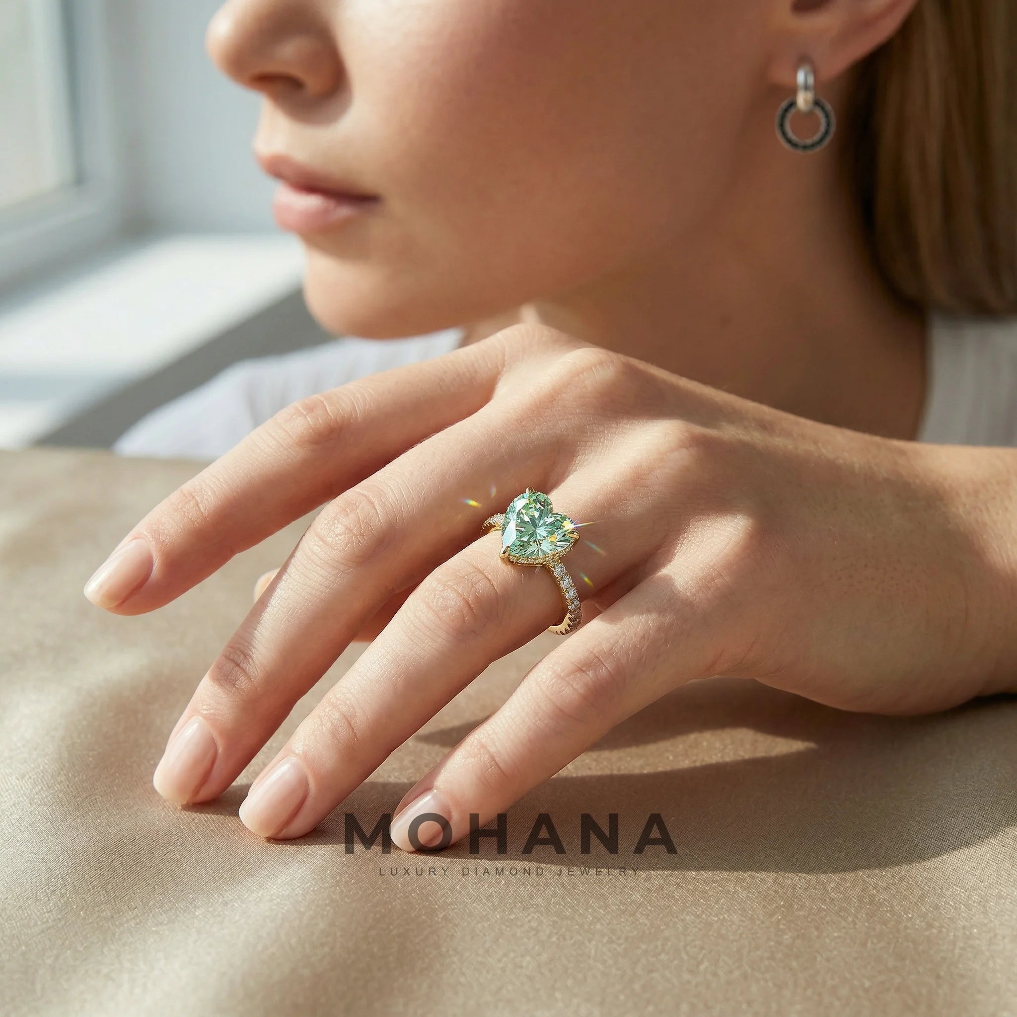 3 Carat Fancy Green Heart Cut Hidden Halo Lab Grown Diamond Engagement Ring