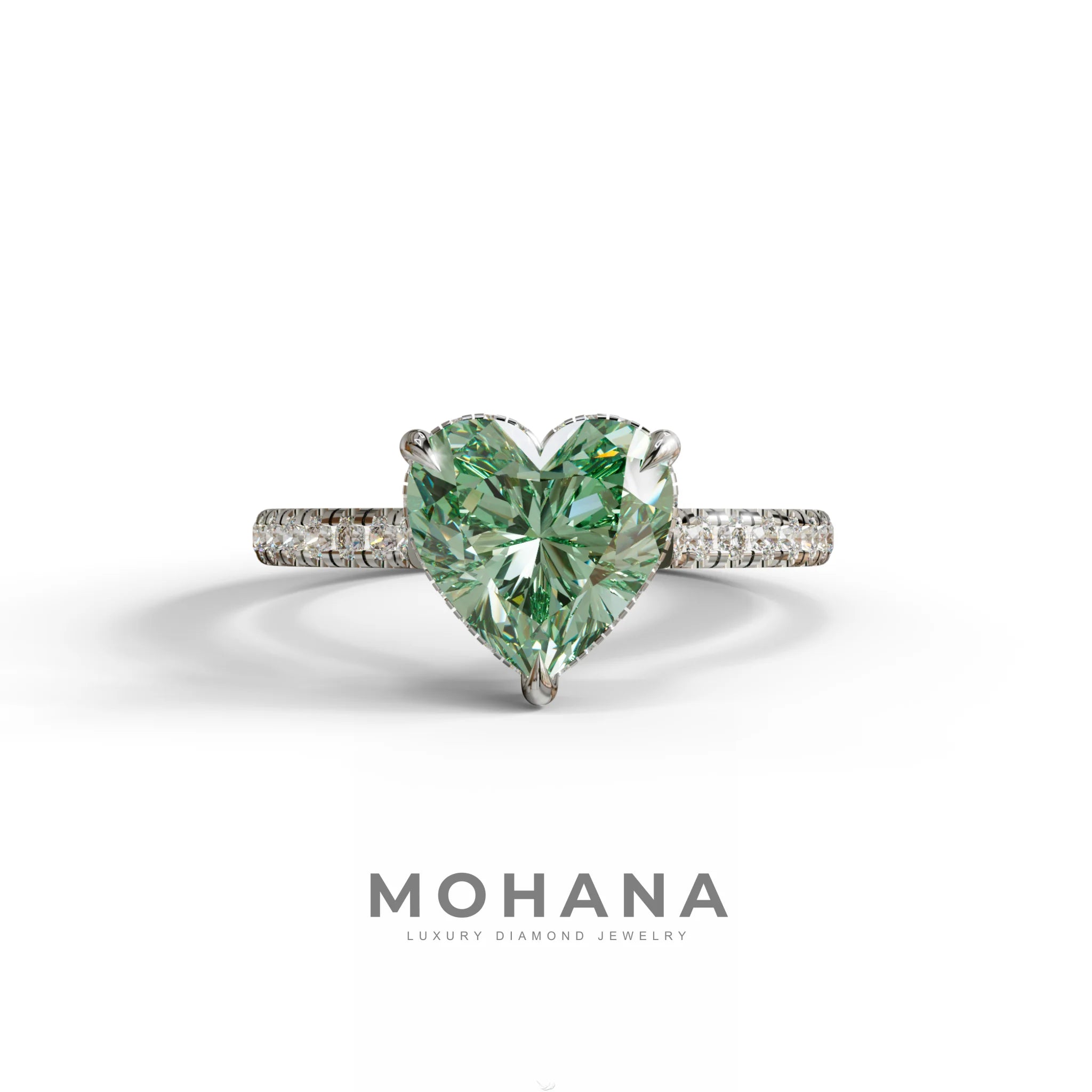 Fancy Vivid Green Heart Cut Lab Diamond Ring – Pavé Band | 10K 14K 18K Gold & Platinum - 10K Solid Gold / White Gold