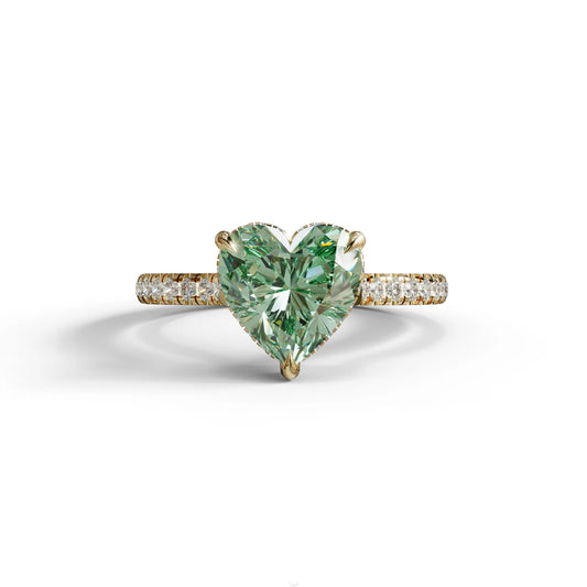 Fancy Vivid Green Heart Cut Lab Diamond Ring – Pavé Band | 10K 14K 18K Gold & Platinum - 10K Solid Gold / Yellow Gold