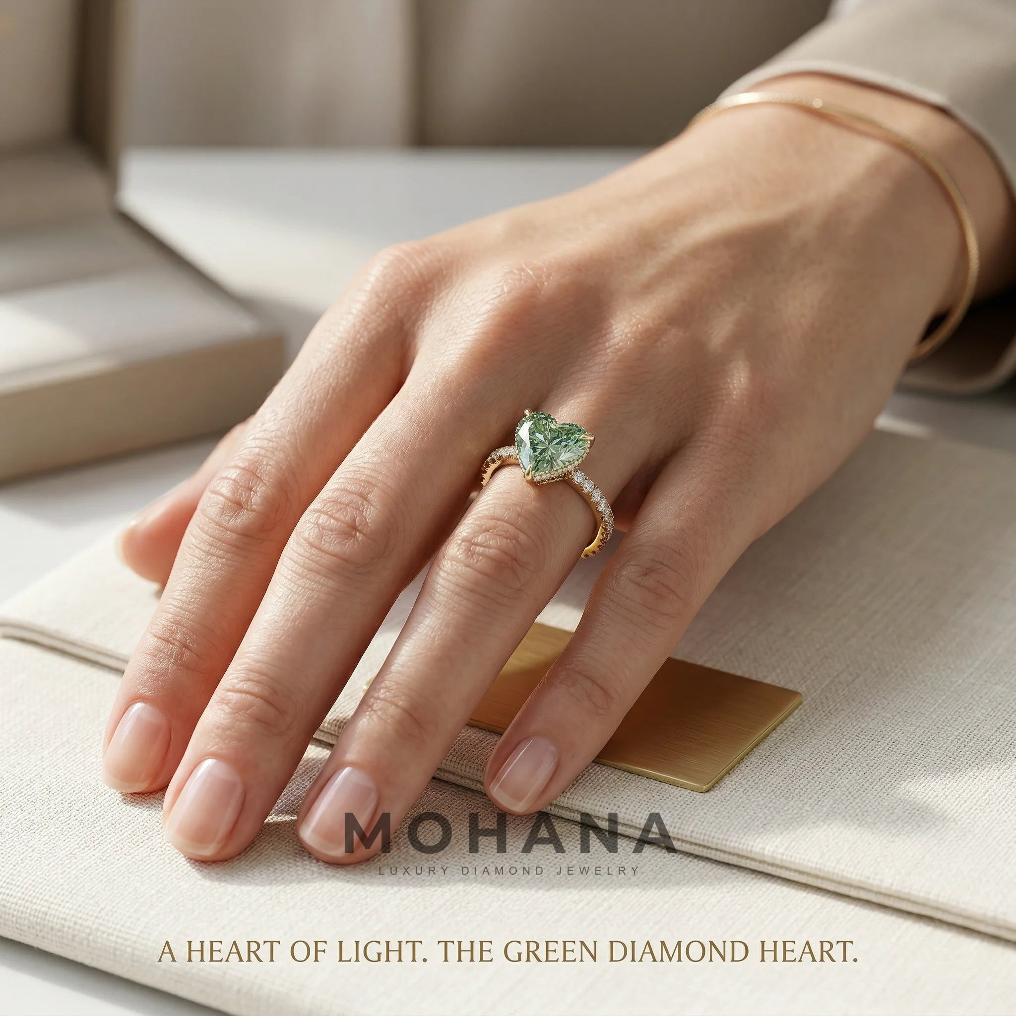 3 Carat Fancy Green Heart Cut Hidden Halo Lab Grown Diamond Engagement Ring