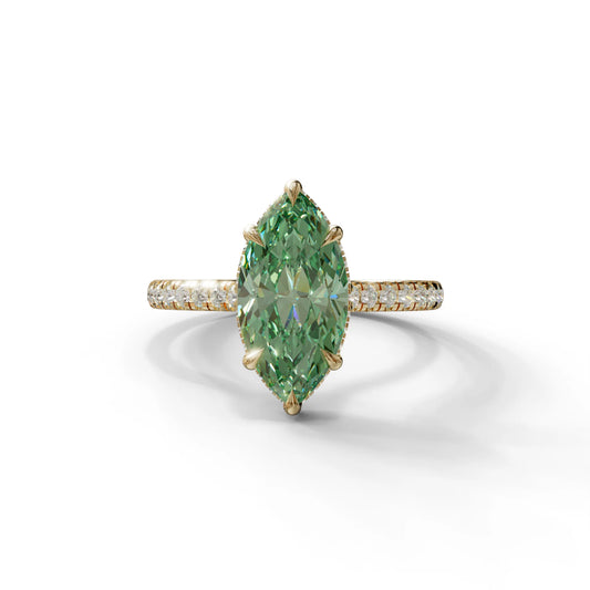 3 Carat Green Marquise Cut Hidden Halo & Pave Set Lab Diamond Ring - Eblouissant - 10K Solid Gold / Yellow Gold