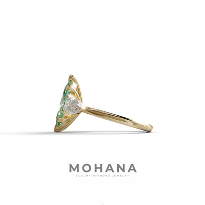 3 Carat Fancy Green Marquise & Pear Cut Three Stone Lab Grown Diamond Engagement Ring