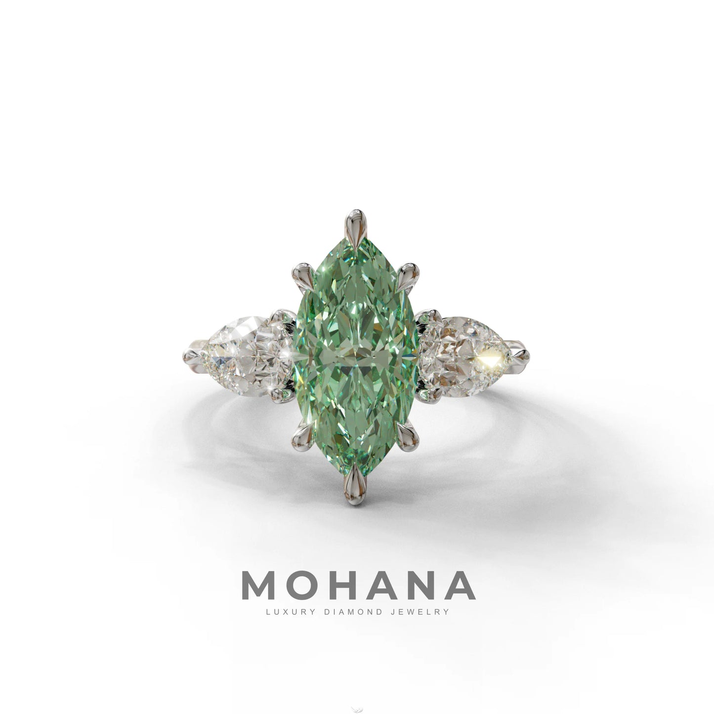 3 Carat Fancy Green Marquise & Pear Cut Three Stone Lab Grown Diamond Engagement Ring - 10K Solid Gold / White Gold