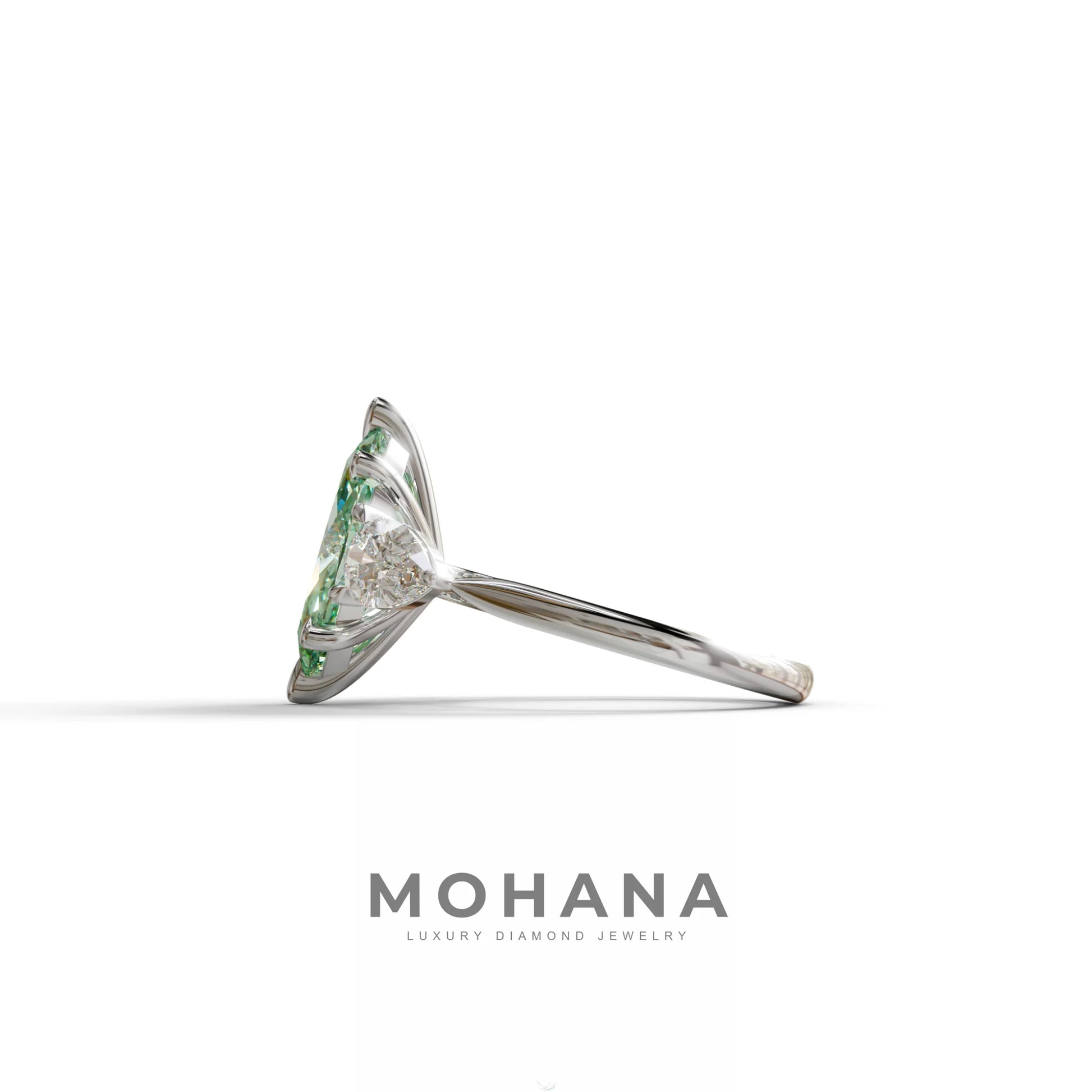 3 Carat Fancy Green Marquise & Pear Cut Three Stone Lab Grown Diamond Engagement Ring