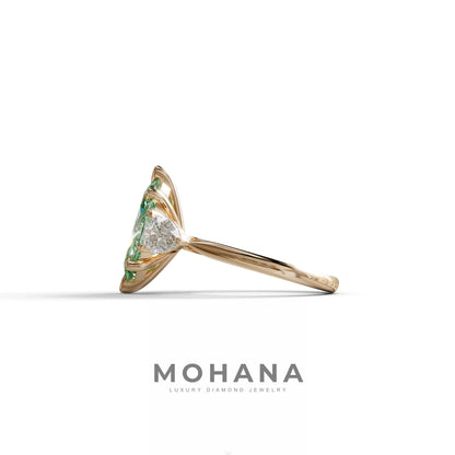 3 Carat Fancy Green Marquise & Pear Cut Three Stone Lab Grown Diamond Engagement Ring