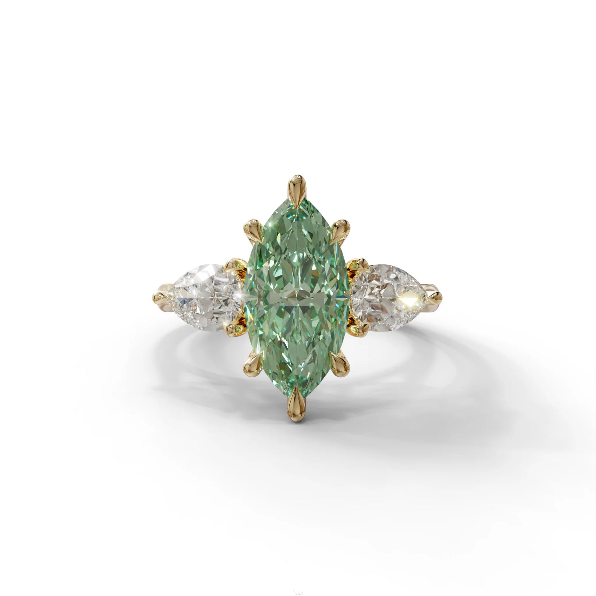 3 Carat Fancy Green Marquise & Pear Cut Three Stone Lab Grown Diamond Engagement Ring - 10K Solid Gold / Yellow Gold