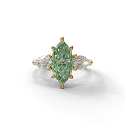3 Carat Fancy Green Marquise & Pear Cut Three Stone Lab Grown Diamond Engagement Ring - 10K Solid Gold / Yellow Gold