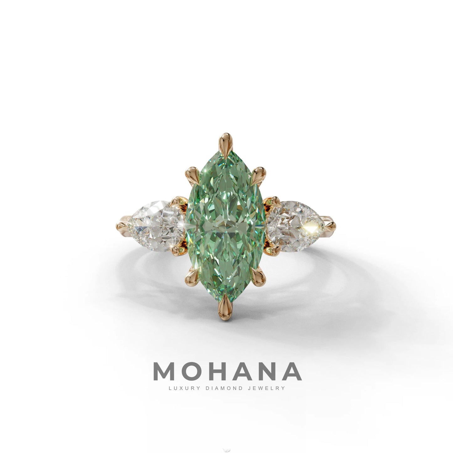 3 Carat Fancy Green Marquise & Pear Cut Three Stone Lab Grown Diamond Engagement Ring - 10K Solid Gold / Rose Gold