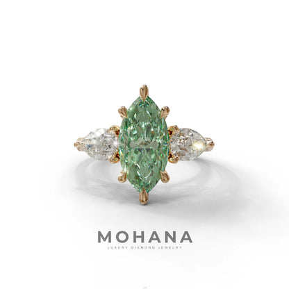 3 Carat Fancy Green Marquise & Pear Cut Three Stone Lab Grown Diamond Engagement Ring - 10K Solid Gold / Rose Gold
