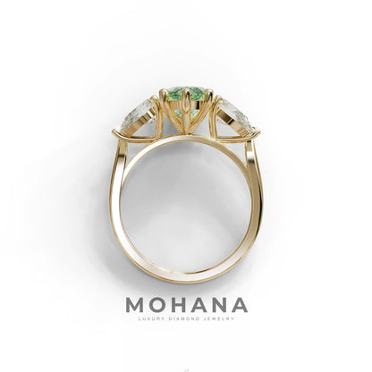 3 Carat Fancy Green Marquise & Pear Cut Three Stone Lab Grown Diamond Engagement Ring