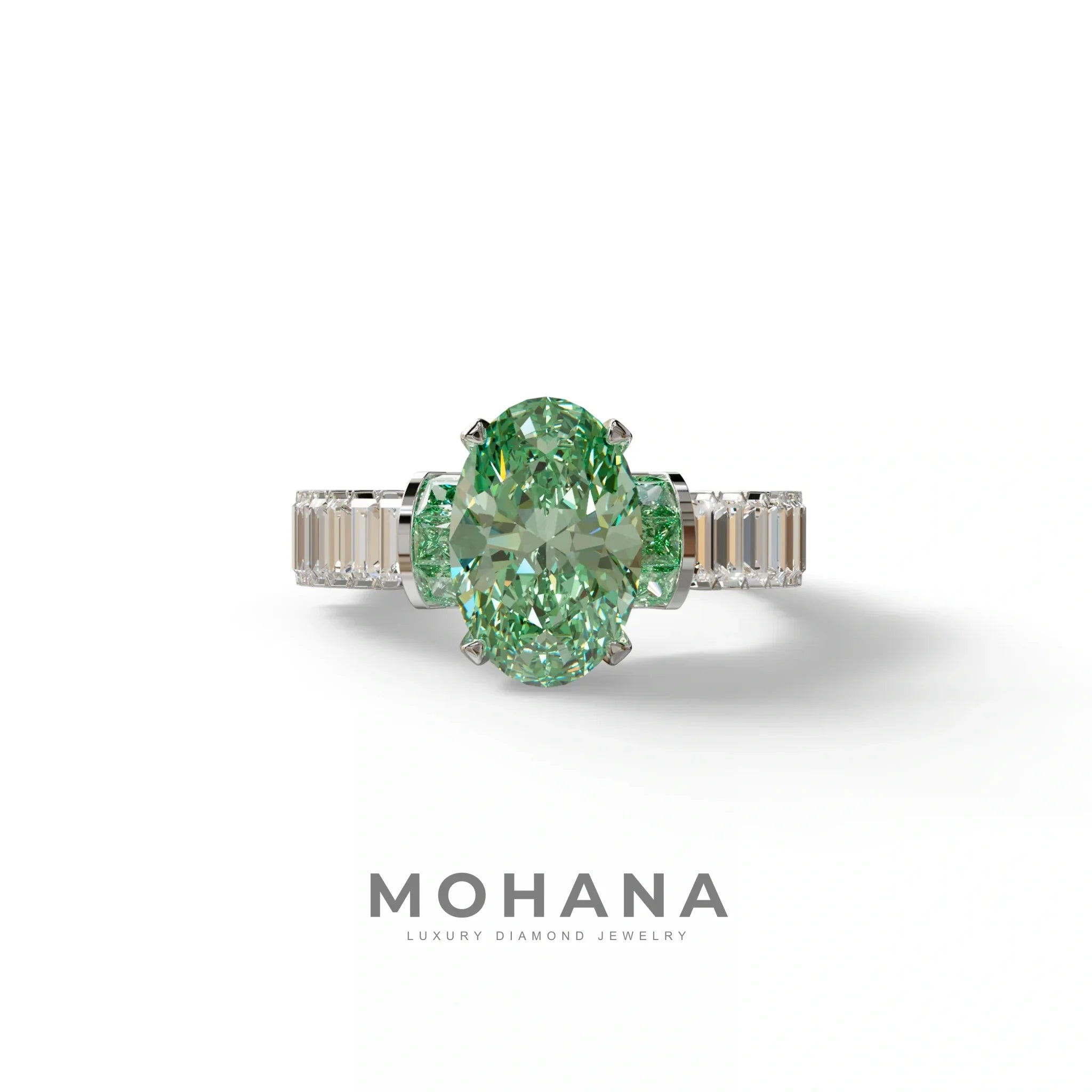 3 Carat Fancy Green Oval Cut Lab-Grown Diamond Wedding Ring – Bellora - 10K Solid Gold / White Gold