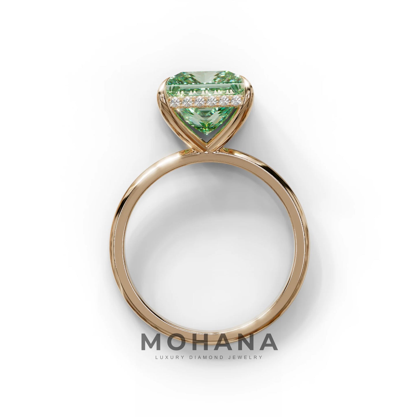 3 Carat Princess Cut Green Lab Diamond Hidden Halo Engagement Ring