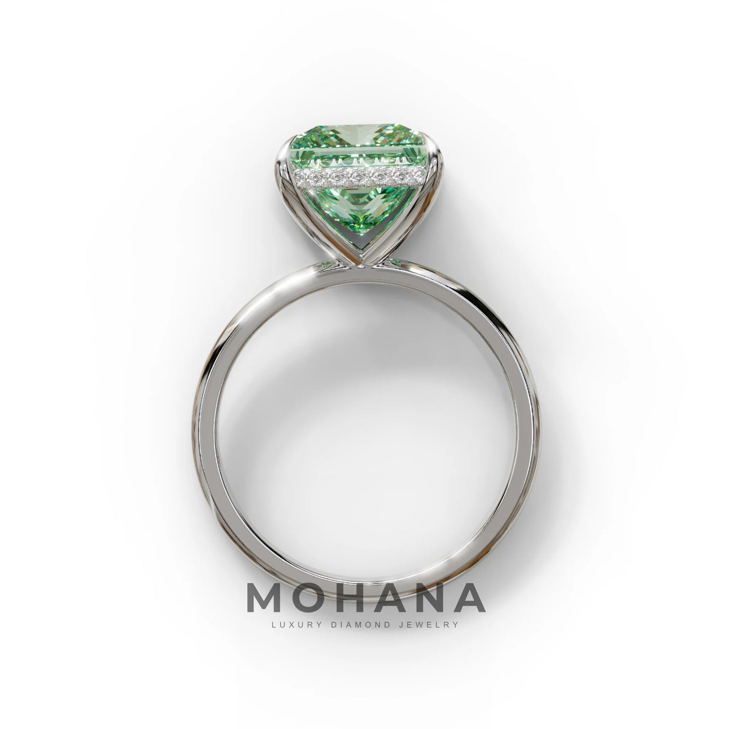 3 Carat Princess Cut Green Lab Diamond Hidden Halo Engagement Ring