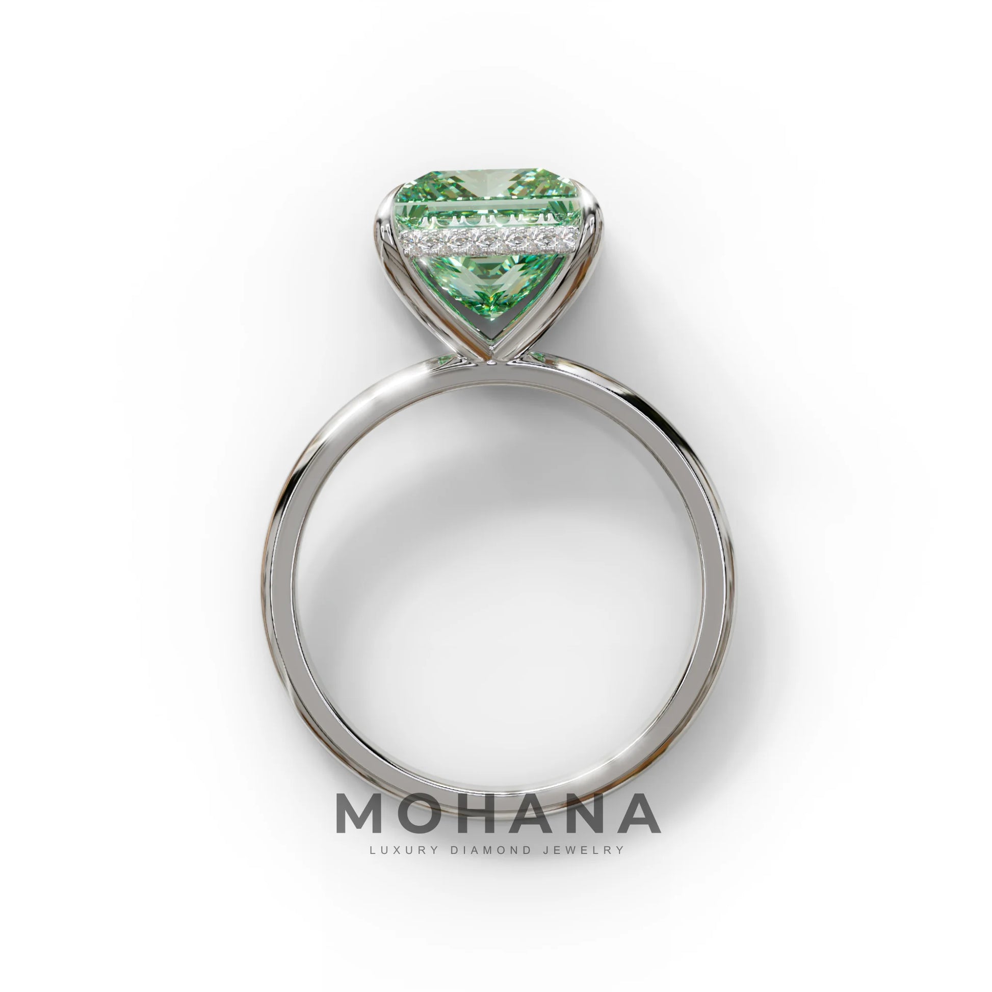 3 Carat Princess Cut Green Lab Diamond Hidden Halo Engagement Ring