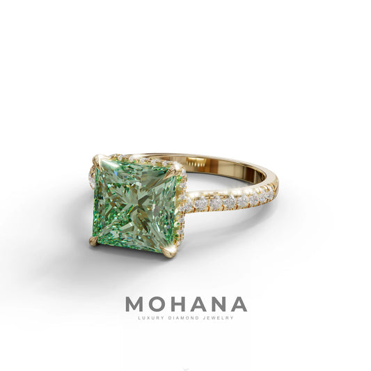 3 Carat Fancy Green Princess Cut Hidden Halo Lab Grown Diamond Engagement Ring